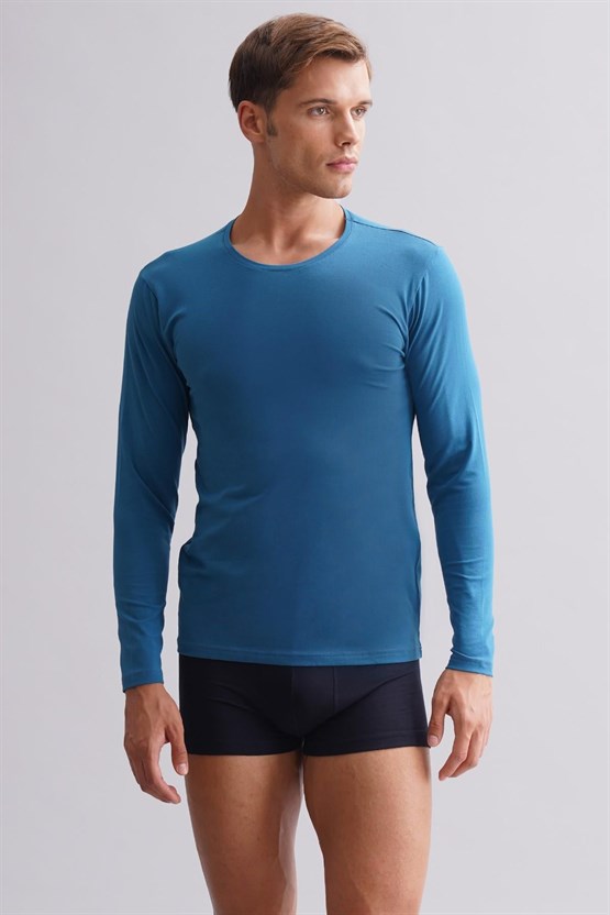 Erkek Modal by TENCEL HERCULES Slim Fit Bisiklet Yaka Uzun Kollu Fanila Petrol Mavi