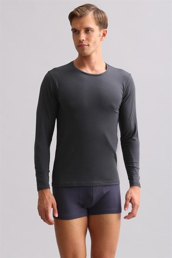 Erkek Modal by TENCEL HERCULES Slim Fit Bisiklet Yaka Uzun Kollu Fanila Antrasit