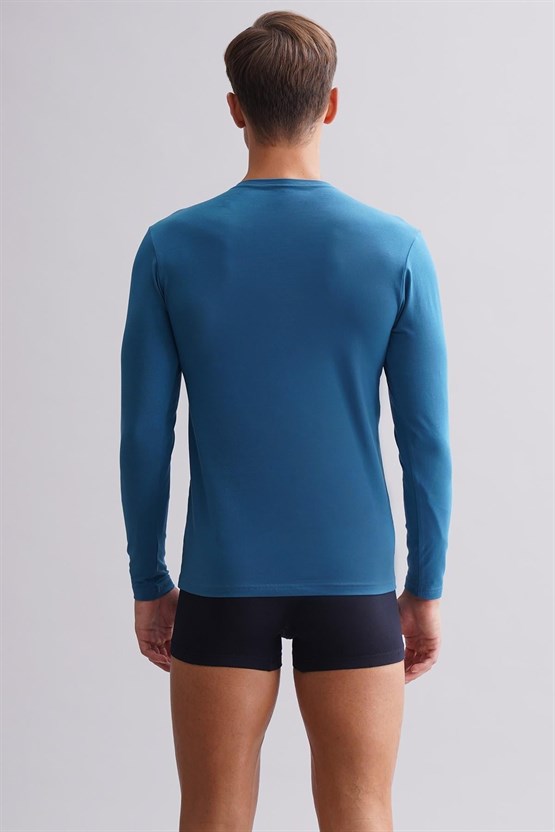 Erkek Modal by TENCEL HERCULES Slim Fit Bisiklet Yaka Uzun Kollu Fanila Petrol Mavi