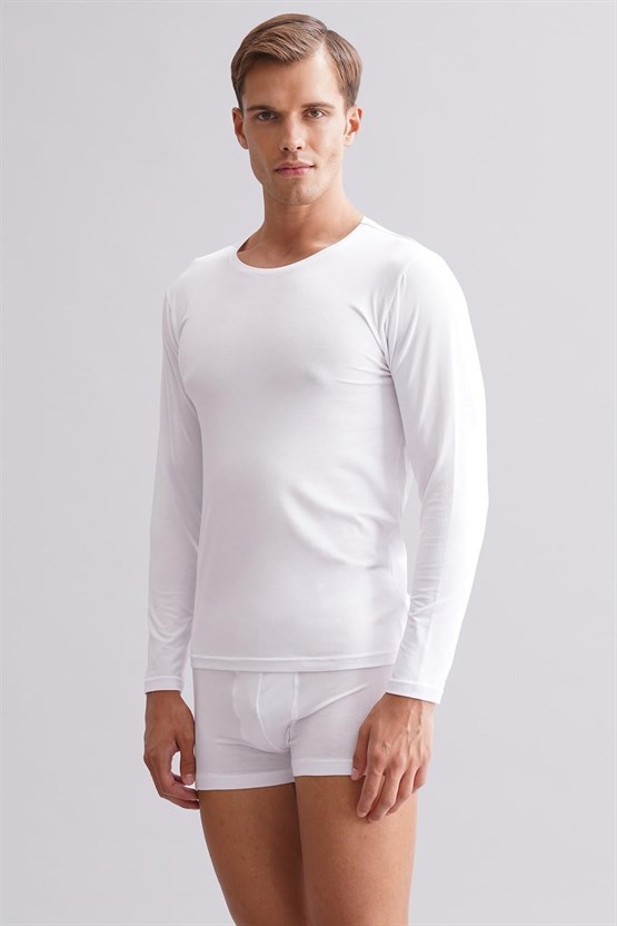 Erkek Modal by TENCEL HERCULES Slim Fit Bisiklet Yaka Uzun Kollu Fanila Beyaz