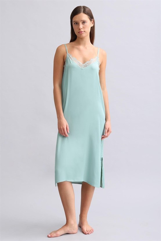 Kadın Dantel Detaylı Saten Gecelik Çağla Yeşili
