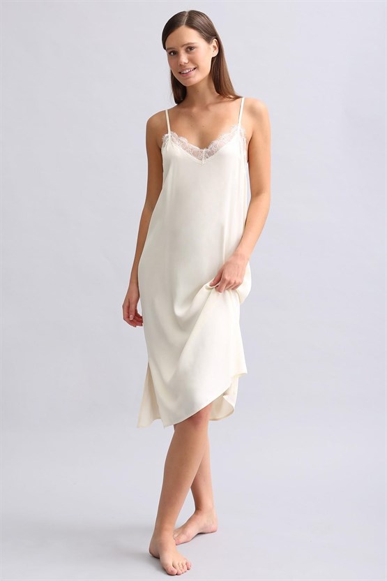 Kadın Dantel Detaylı Saten Gecelik Ekru