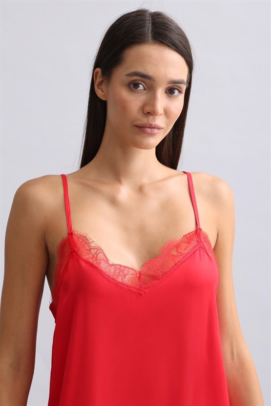 Kadın Dantel Yaka Saten Kısa Gecelik Kırmızı