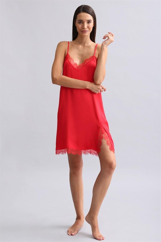 Kadın Dantel Yaka Saten Kısa Gecelik Kırmızı