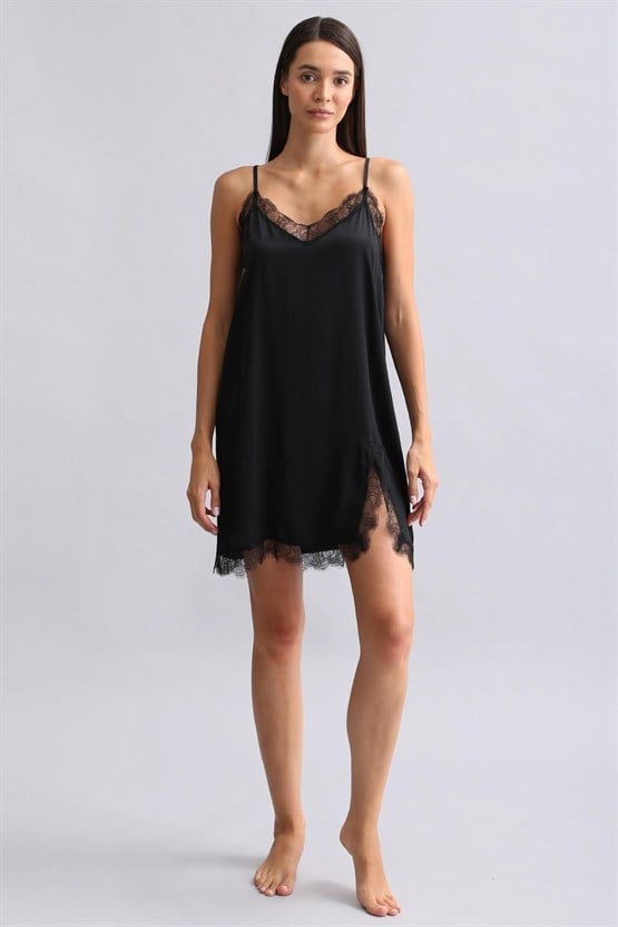 Kadın Dantel Yaka Saten Kısa Gecelik Siyah