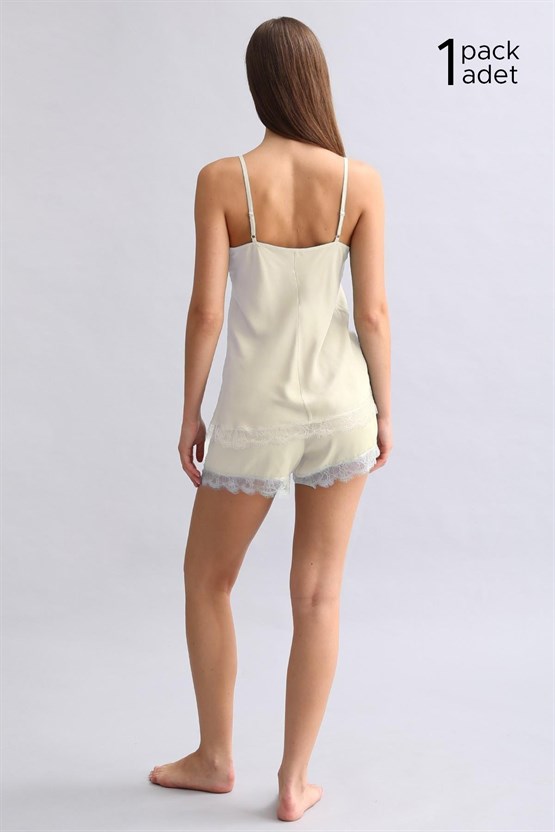 Kadın Ekru Dantelli Bambu Şort Takım Hediye Paketi