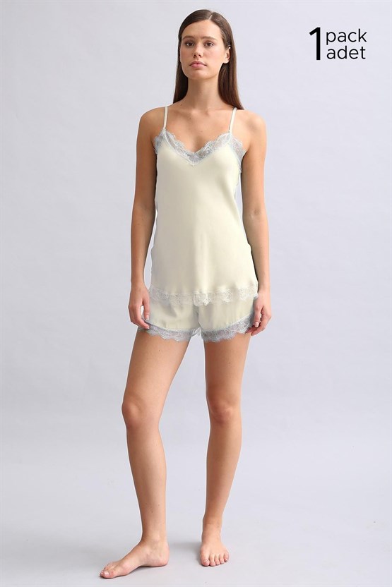 Kadın Ekru Dantelli Bambu Şort Takım Hediye Paketi
