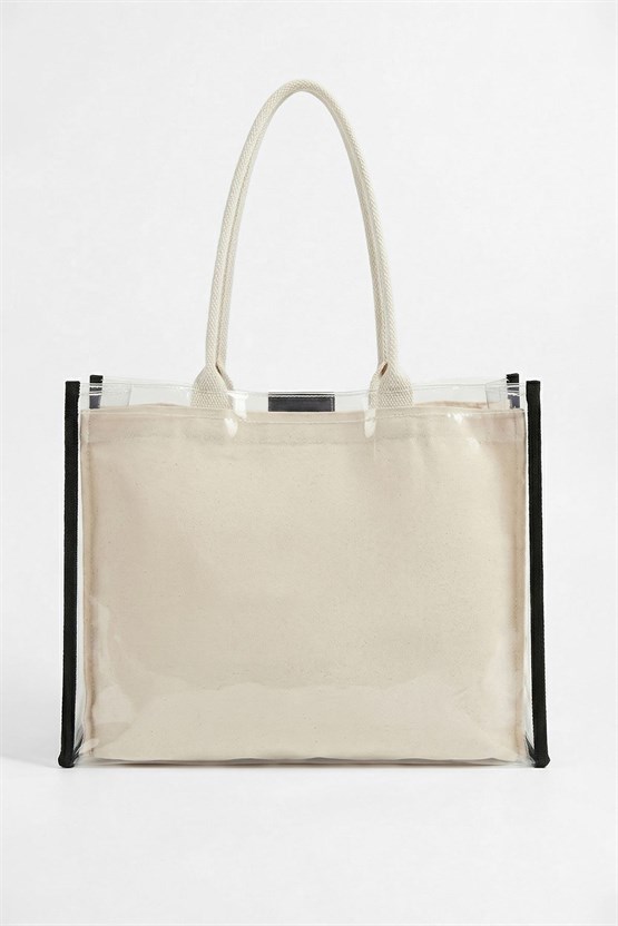 Kadın Kanvas PVS Plaj Çanta Ekru