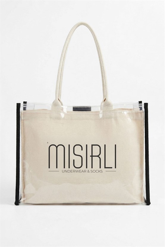 Kadın Kanvas PVS Plaj Çanta Ekru