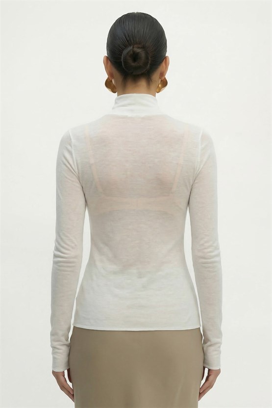 Kadın Kaşmir Ultra Yumuşak Dik Yaka Bluz Beyaz