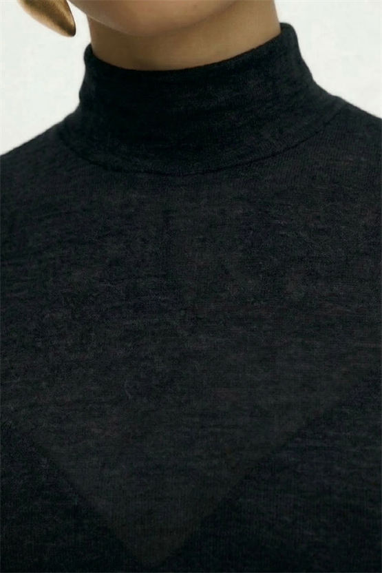 Kadın Kaşmir Ultra Yumuşak Dik Yaka Bluz Siyah