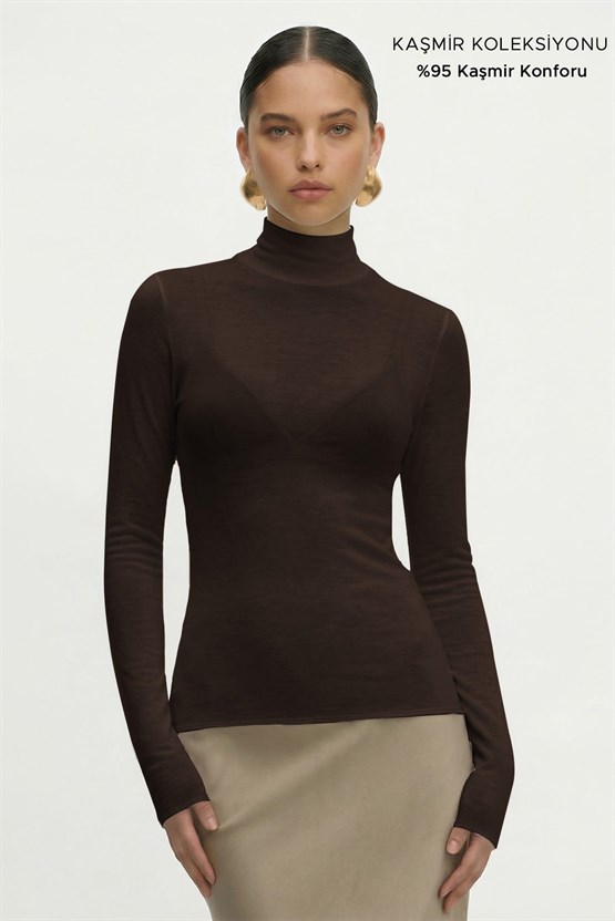 Kadın Kaşmir Ultra Yumuşak Dik Yaka Bluz Koyu Kahverengi