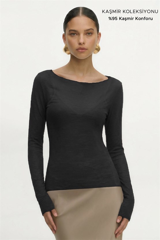 Kadın Kaşmir Ultra Yumuşak Kayık Fanila Siyah