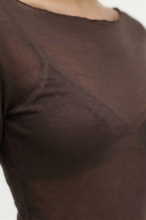 Kadın Kaşmir Ultra Yumuşak Kayık Fanila Koyu Kahverengi