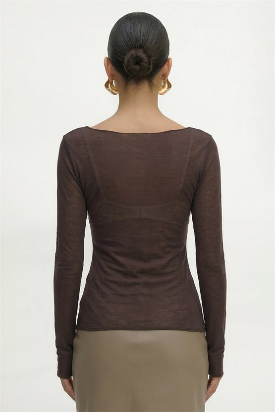 Kadın Kaşmir Ultra Yumuşak Kayık Fanila Koyu Kahverengi