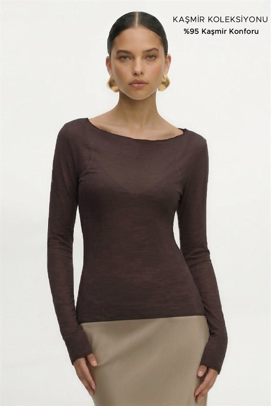 Kadın Kaşmir Ultra Yumuşak Kayık Fanila Koyu Kahverengi