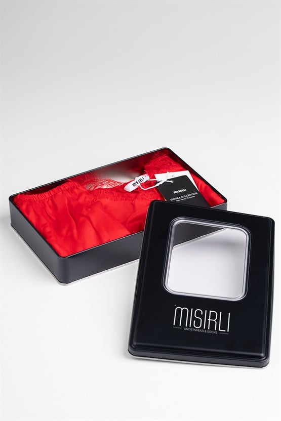 Kadın Kırmızı Dantelli Bambu Şort Takım Hediye Paketi