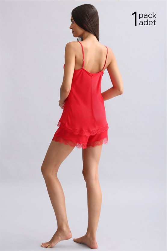 Kadın Kırmızı Dantelli Bambu Şort Takım Hediye Paketi