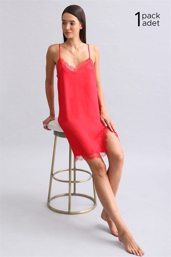 Kadın Kırmızı Dantelli Saten Gecelik Hediye Paketi