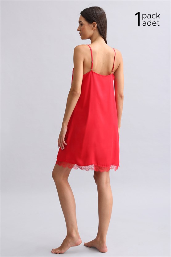 Kadın Kırmızı Dantelli Saten Gecelik Hediye Paketi