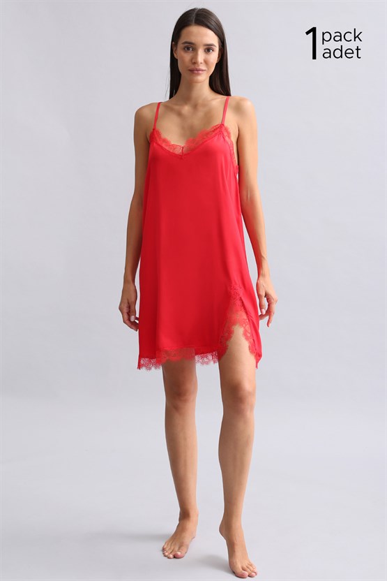 Kadın Kırmızı Dantelli Saten Gecelik Hediye Paketi