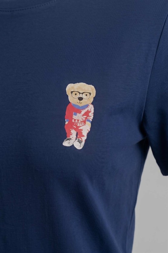 Kadın Pamuklu Ayıcık Desen Bisiklet Yaka Sort Takım Lacivert