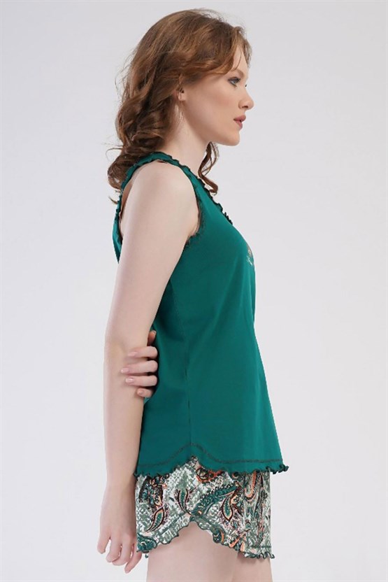 Kadın Pamuklu Kalın Askılı Şortlu Takımı Koyu Yeşil