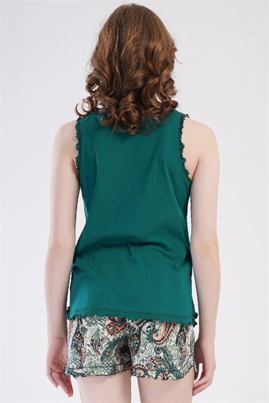 Kadın Pamuklu Kalın Askılı Şortlu Takımı Koyu Yeşil