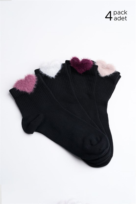 Kadın Pamuklu Kalpli 4 Çift Kısa Konç Çorap Siyah
