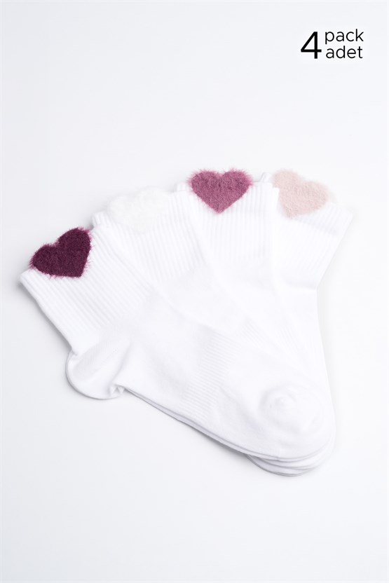 Kadın Pamuklu Kalpli 4 Çift Kısa Konç Çorap Beyaz