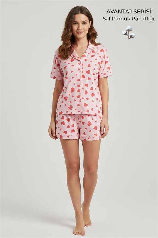 Kadın Pamuklu Kısa Kollu Gömlek Şortlu Takım Açık Pembe
