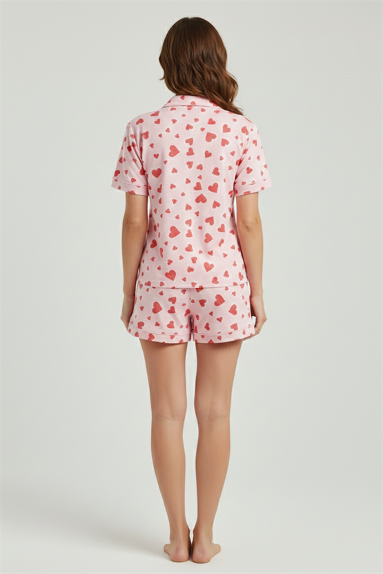 Kadın Pamuklu Kısa Kollu Gömlek Şortlu Takım Açık Pembe
