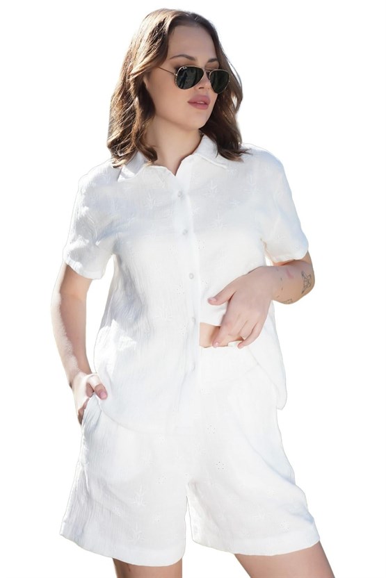 Kadın Pamuklu Kısa Kollu Şort Takımı Beyaz