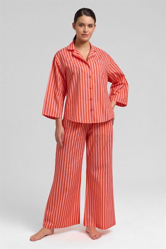 Kadın Pamuklu Poplin Çizgili Gömlek Turuncu-Pembe