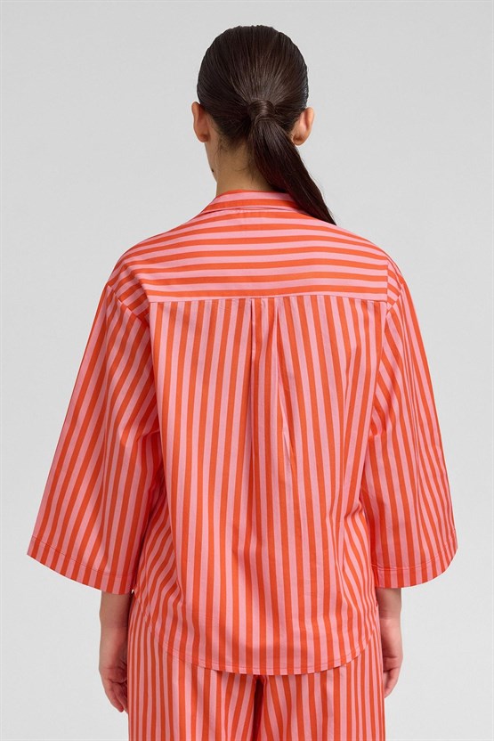Kadın Pamuklu Poplin Çizgili Gömlek Turuncu-Pembe