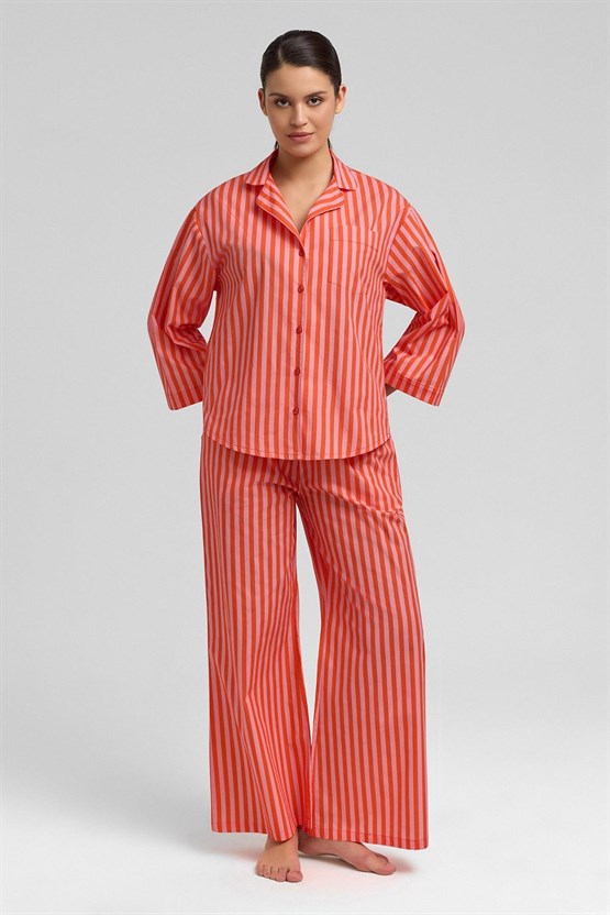 Kadın Pamuklu Poplin Çizgili Gömlek Turuncu-Pembe