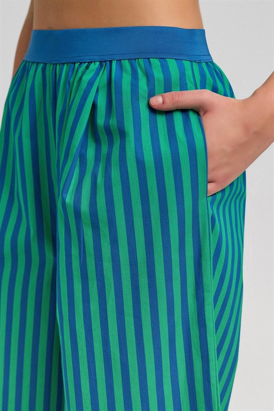 Kadın Pamuklu Poplin Pileli  Pantolon Yeşil/Lacivert