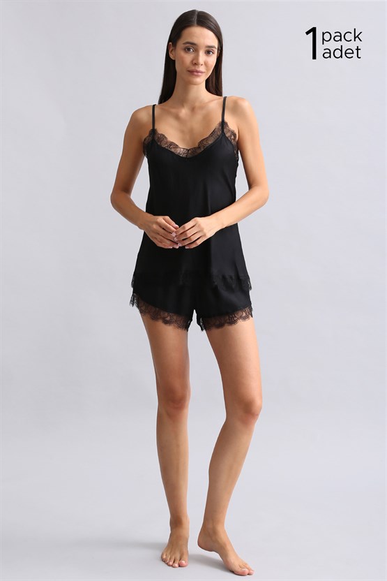 Kadın Siyah Dantelli Bambu Şort Takım Hediye Paketi