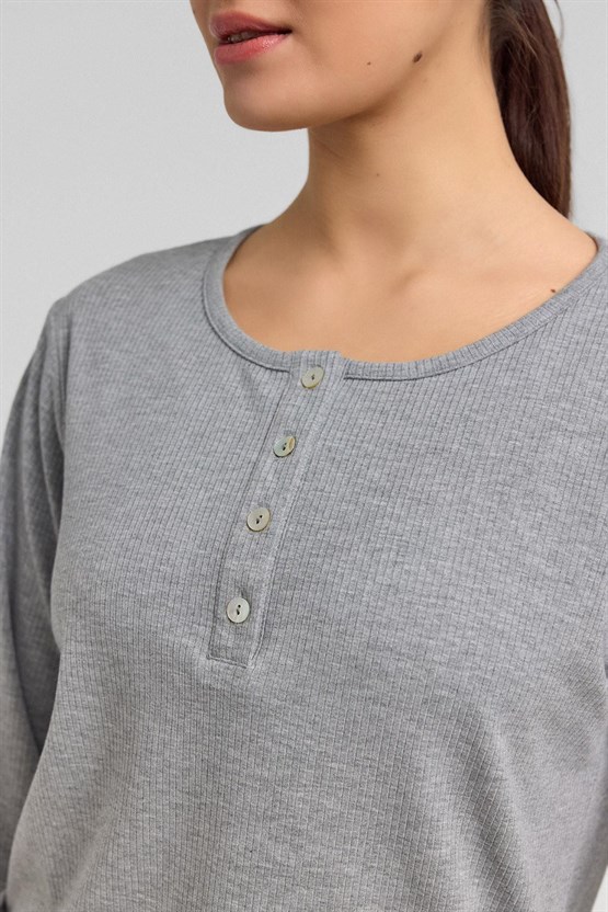 Kadını Kaşkorse Uzun Kollu Sweatshirt Gri Melanj