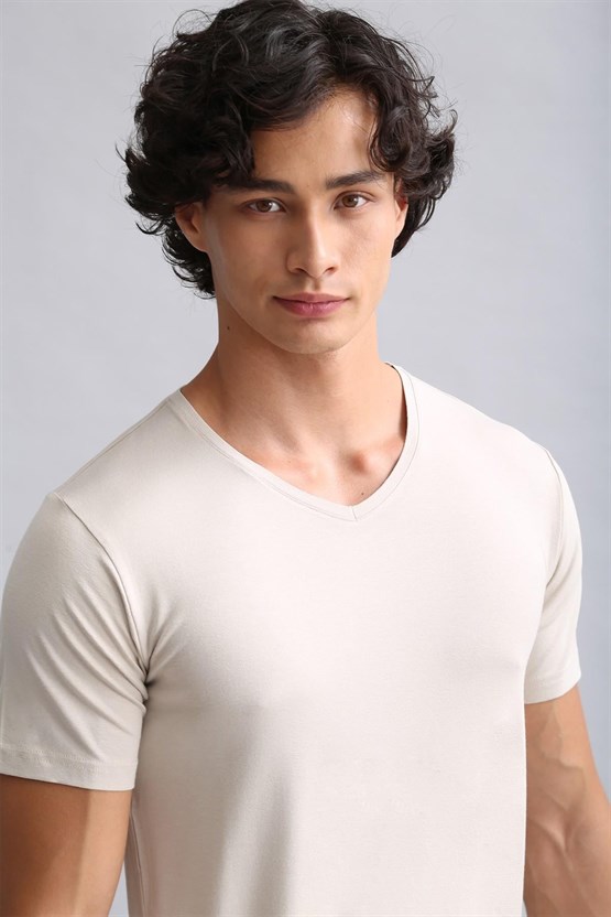 Mısırlı BAMBU HERCULES Slim Fit V Yaka Fanila / T-Shirt Toprak Bej