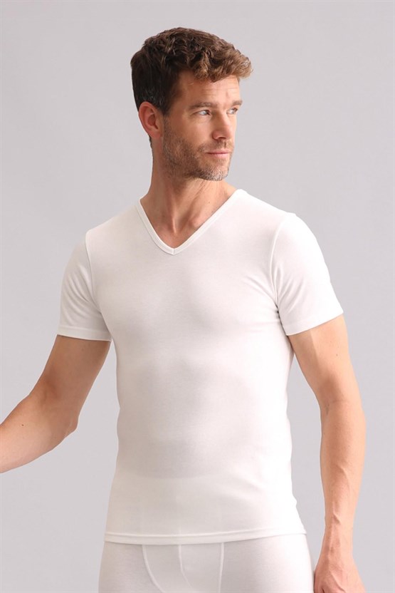 Mısırlı BAMBU TERMAL V Yaka Fanila / T-Shirt Ekru