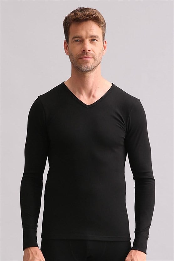 Mısırlı BAMBU TERMAL V Yaka Uzun Kollu Fanila / Sweatshirt Siyah
