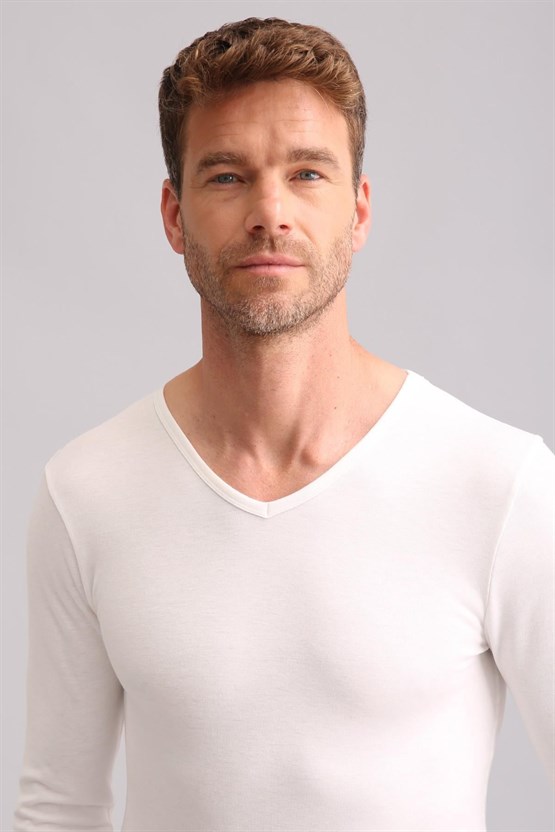 Mısırlı BAMBU TERMAL V Yaka Uzun Kollu Fanila / Sweatshirt Ekru