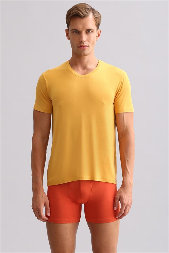 Mısırlı BAMBU ZEUS LUXURY Regular Fit V Yaka Fanila / T-Shirt Hardal