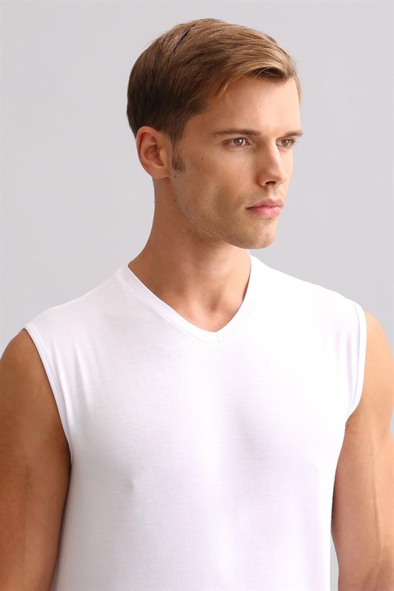 Mısırlı BAMBU ZEUS LUXURY Regular Fit V Yaka Sporcu Atlet / T-Shirt Beyaz