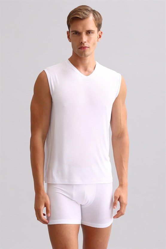 Mısırlı BAMBU ZEUS LUXURY Regular Fit V Yaka Sporcu Atlet / T-Shirt Beyaz