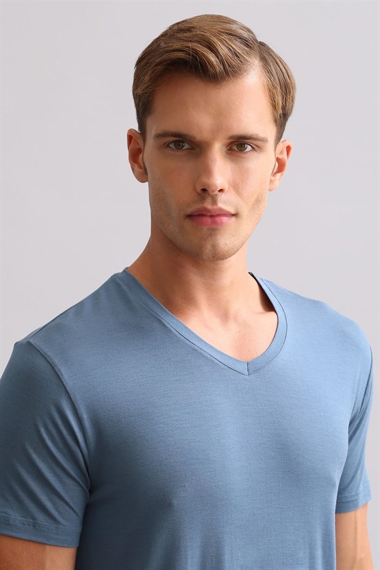 Mısırlı BAMBU ZEUS LUXURY Regular Fit V Yaka Fanila / T-Shirt Gece Mavisi