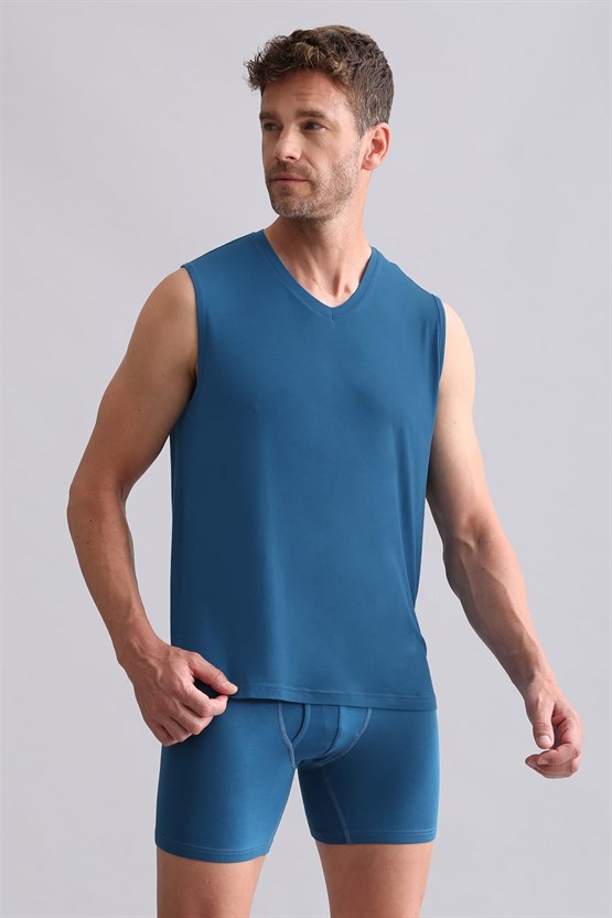 Mısırlı BAMBU ZEUS Regular Fit V Yaka Sporcu Atlet / T-Shirt Petrol Mavi