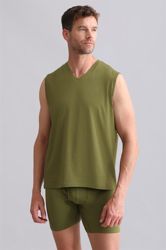 Mısırlı BAMBU ZEUS Regular Fit V Yaka Sporcu Atlet / T-Shirt Haki Yeşil