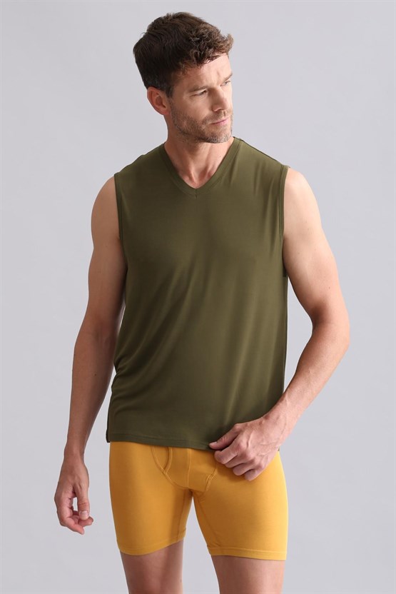 Mısırlı BAMBU ZEUS Regular Fit V Yaka Sporcu Atlet / T-Shirt Koyu Haki